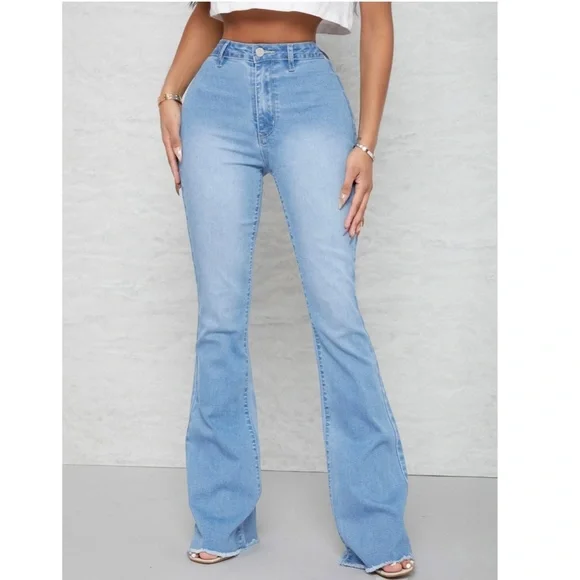 Flared Leg Blue Jeans High Waist for Curvy Hips Long Denim Bell Bottom - Picture 5 of 8